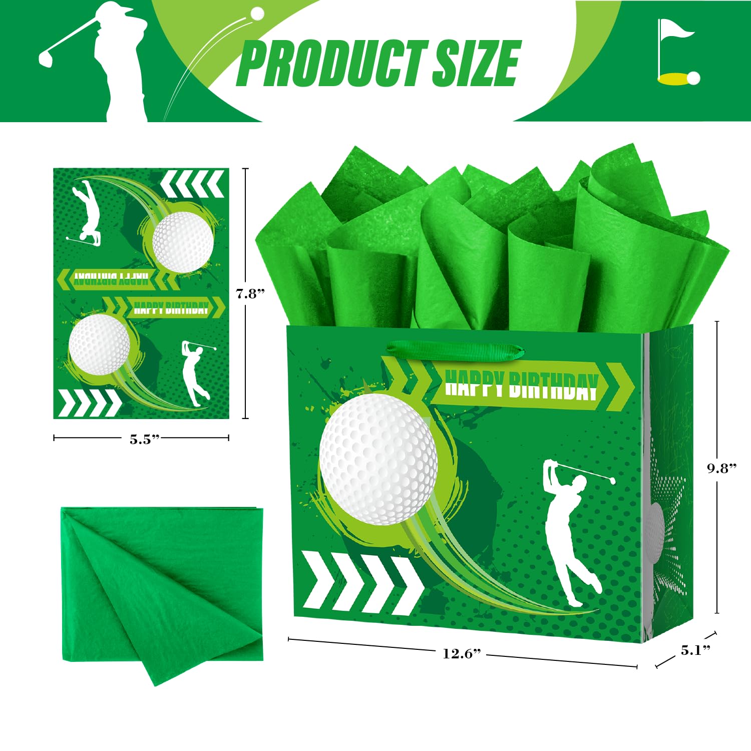 13" Large Golf Gift Birthday Bag with Tissue Paper for Sports Club for Men Boys Teens Kids (Green)