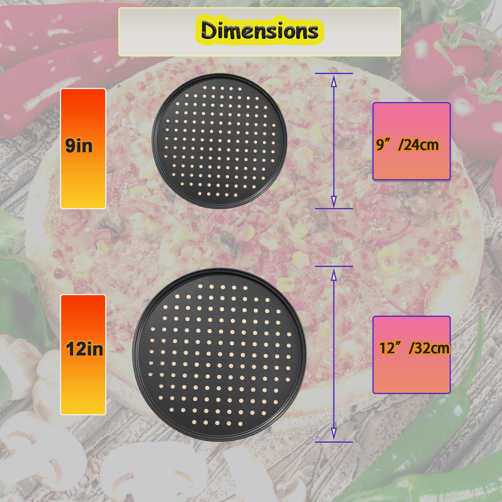 Sydentrey 2Pcs Carbon Steel Pizza Pan With Holes 9inch 12inch non stick pizza pan for Oven Round Perforated Pizza Tray Pizza Bakeware For Home Restaurant Baking (2pcs 12inch)