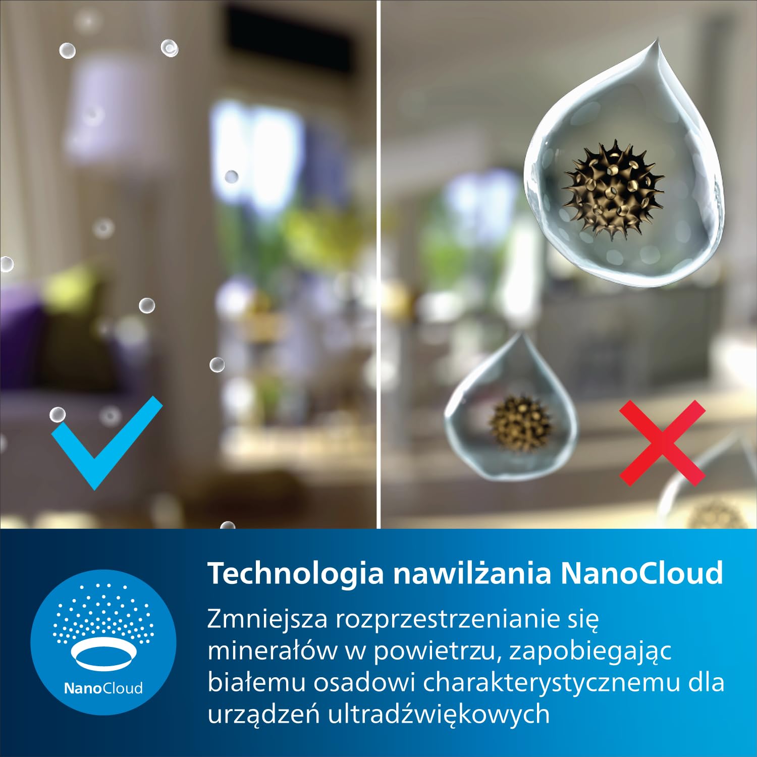 Philips Nawilżacz powietrza Serii 2000, Higieniczne nawilżanie NanoCloud, 99,97% mniej bakterii, 200 ml/h, Zbiornik 2L, Ultra cichy (33 dB), 3 prędkości, Tryby Auto i Nocny, Timer, Biały (HU2716/10)
