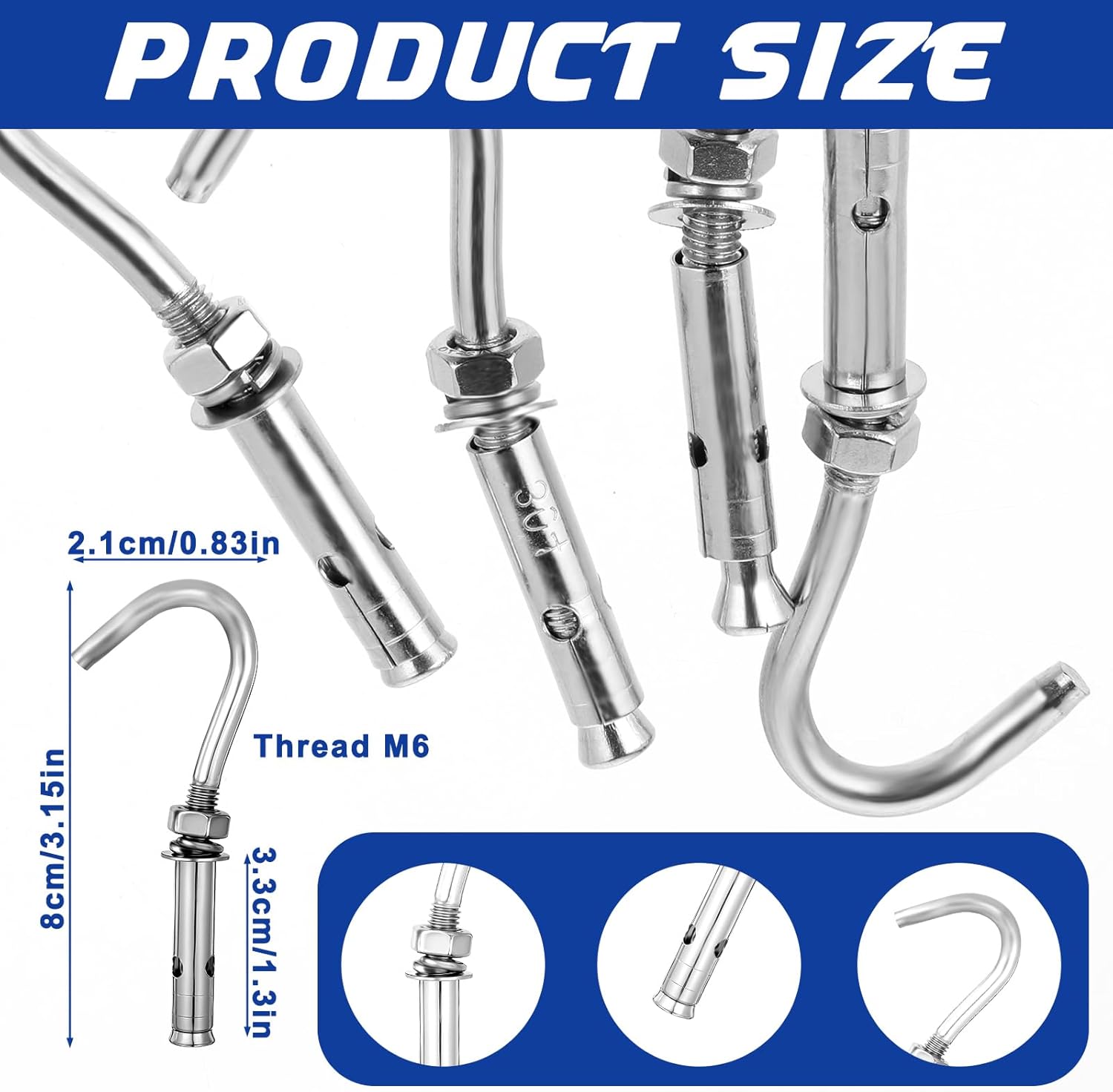 5 Pack Concrete Wall Hooks, Expansion Hook Set 304 Stainless Steel Concrete Hooks M6 Standard Open Cup Hook for Indoor Outdoor