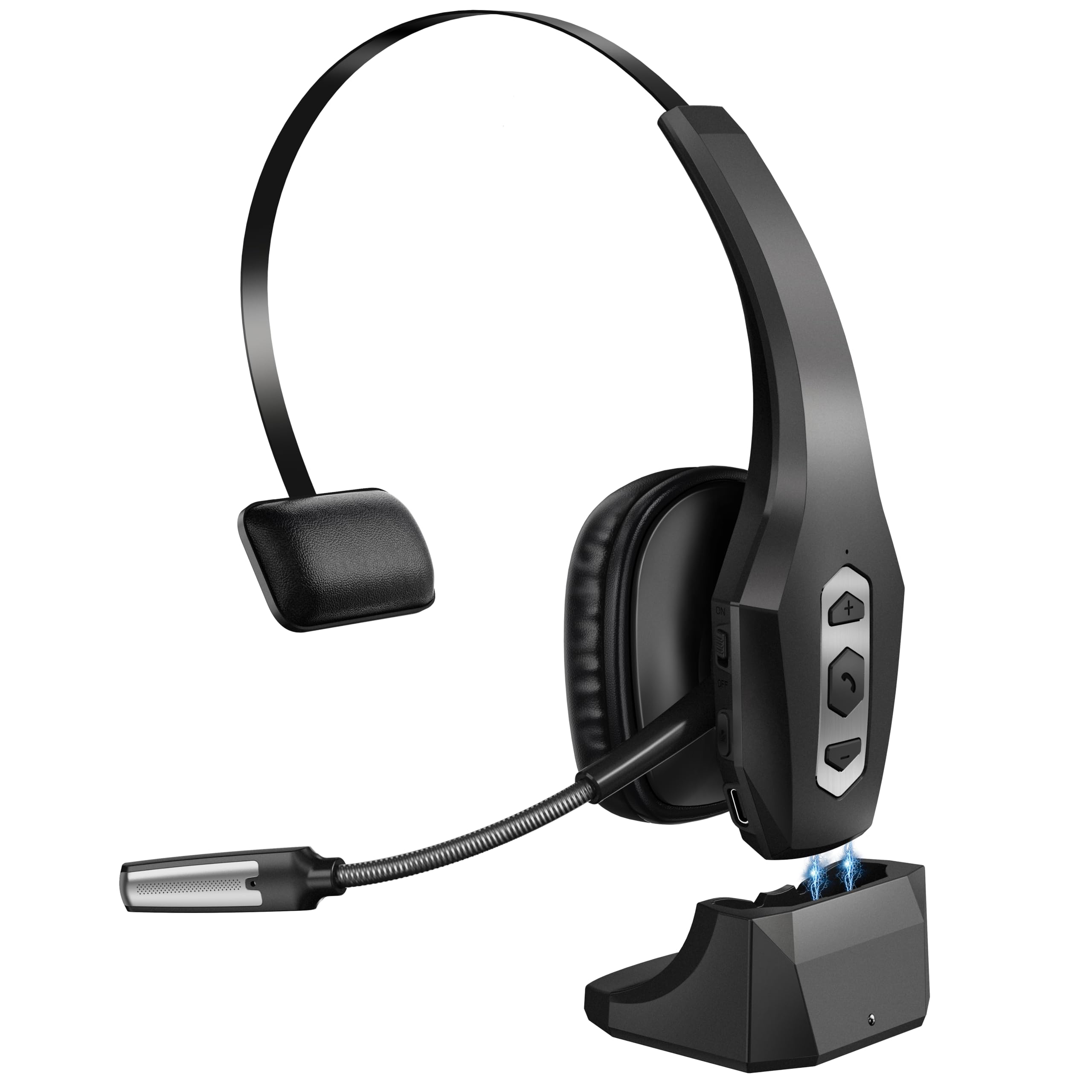 Trucker Bluetooth Headset with Charging Base, Wireless Hands-Free Headset with Noise Canceling Mic & Mute Button, 56Hrs Working Time PC Headsets for Cell Phones, Computer, Truck Driver