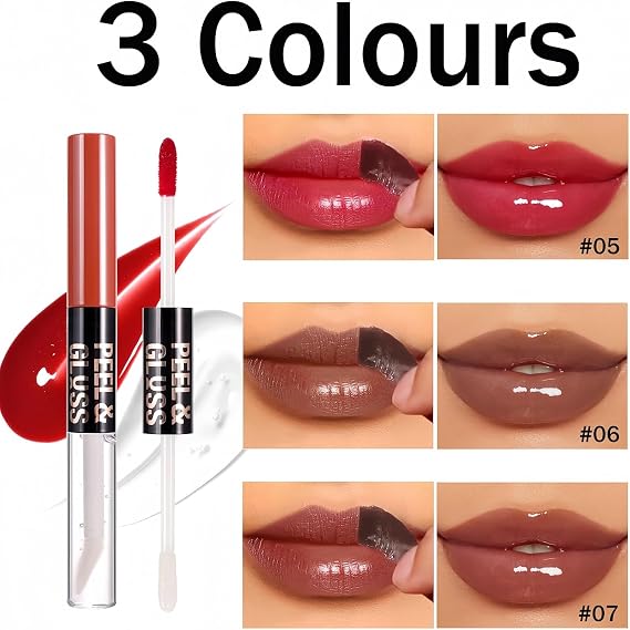 3PCS Double Ended Tear Off Lip Gloss,Lip Stain Peel Off Lip Gloss Oil Duo, Lip Liner Tat/too Magic Color & Hydrating Oil Set,Long Lasting Lipgloss,Transfer-Proof Lip Tint Stain with Lip Oil(05#06#07#）