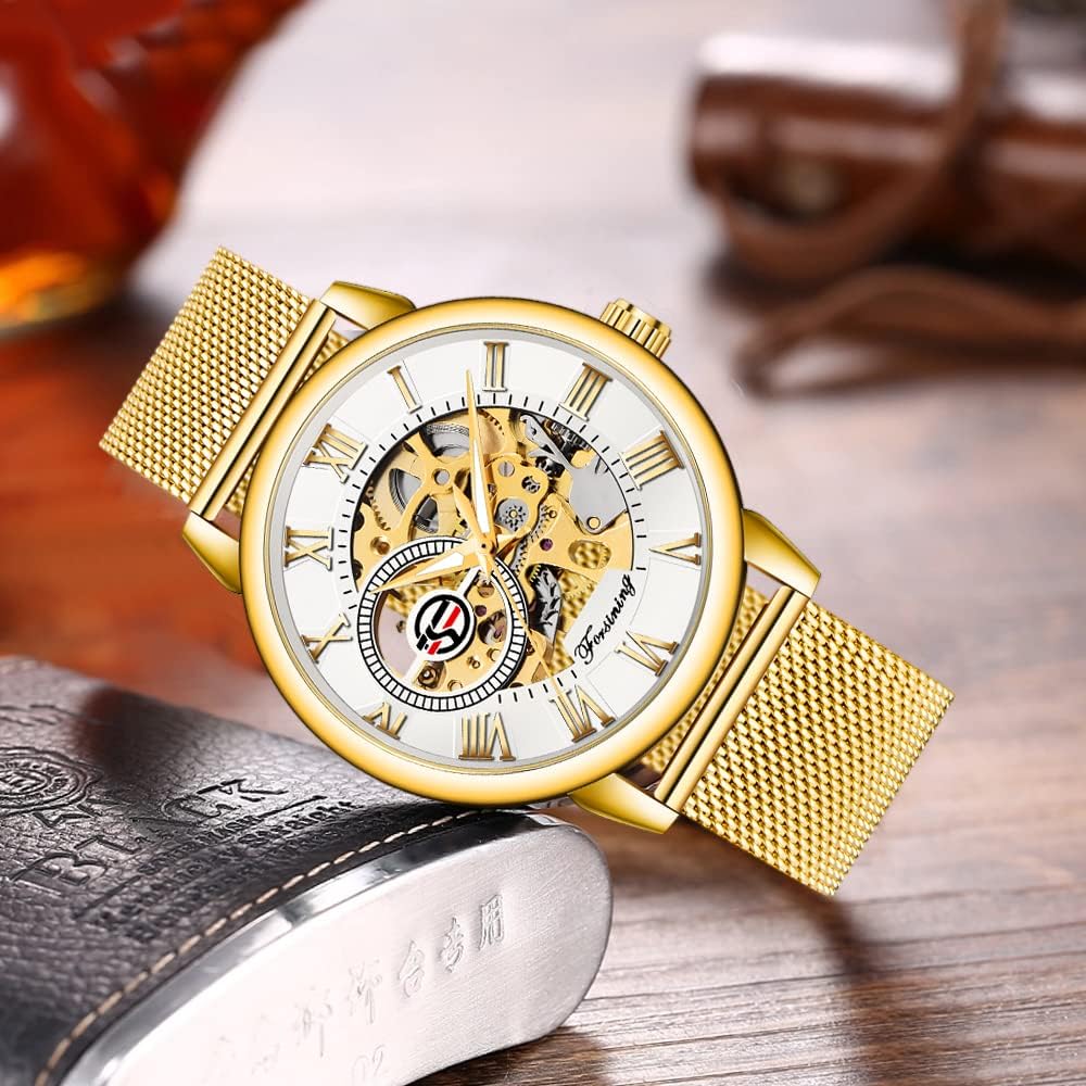 Reloj de Pulsera para Hombre con Esfera Transparente Hueca de Esqueleto Plateado, Correa de Malla