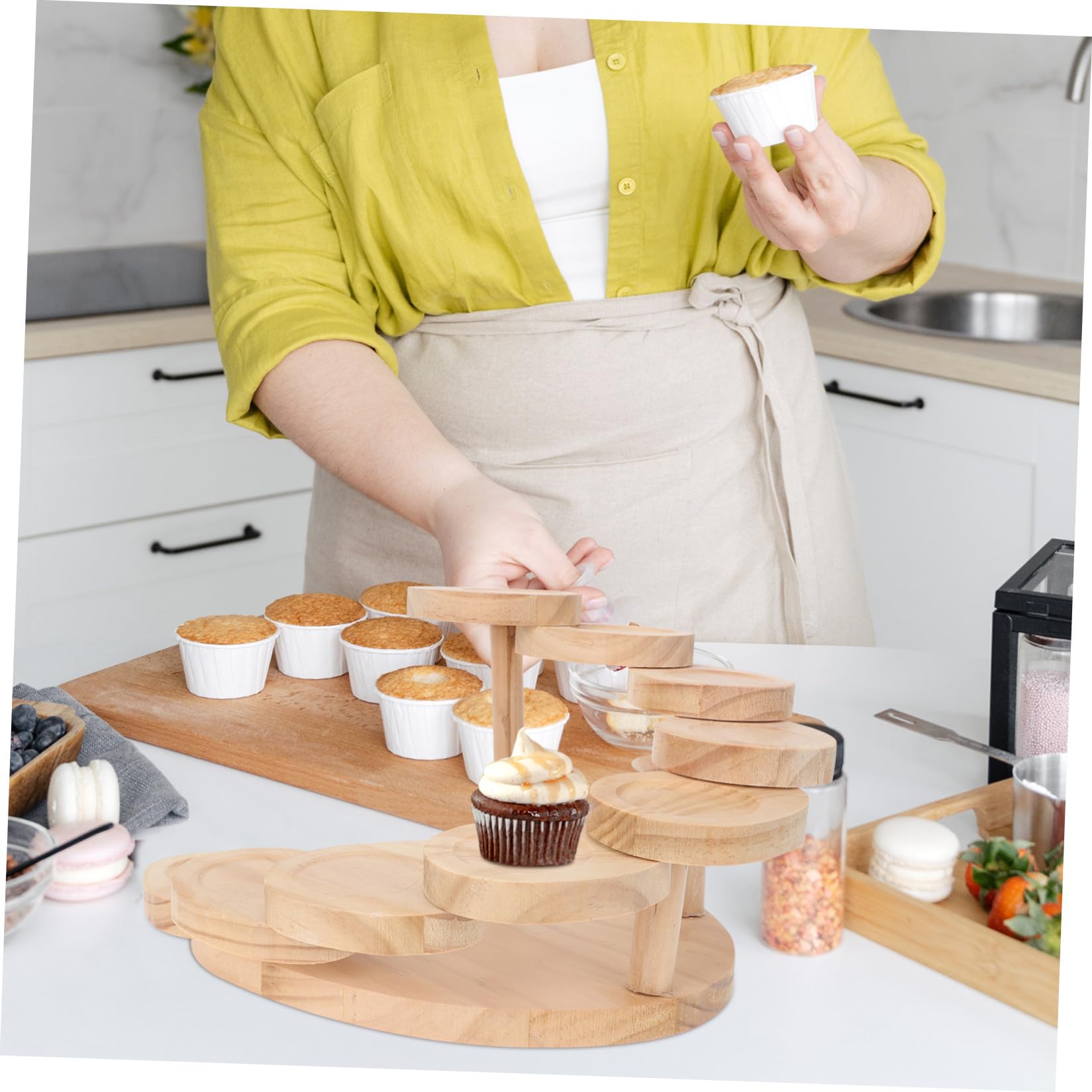 POPETPOP Alzata per Matrimonio Cupcake Torta Dolci a Decorazioni Multistrato in Legno Khaki, Supporto Feste a Casa