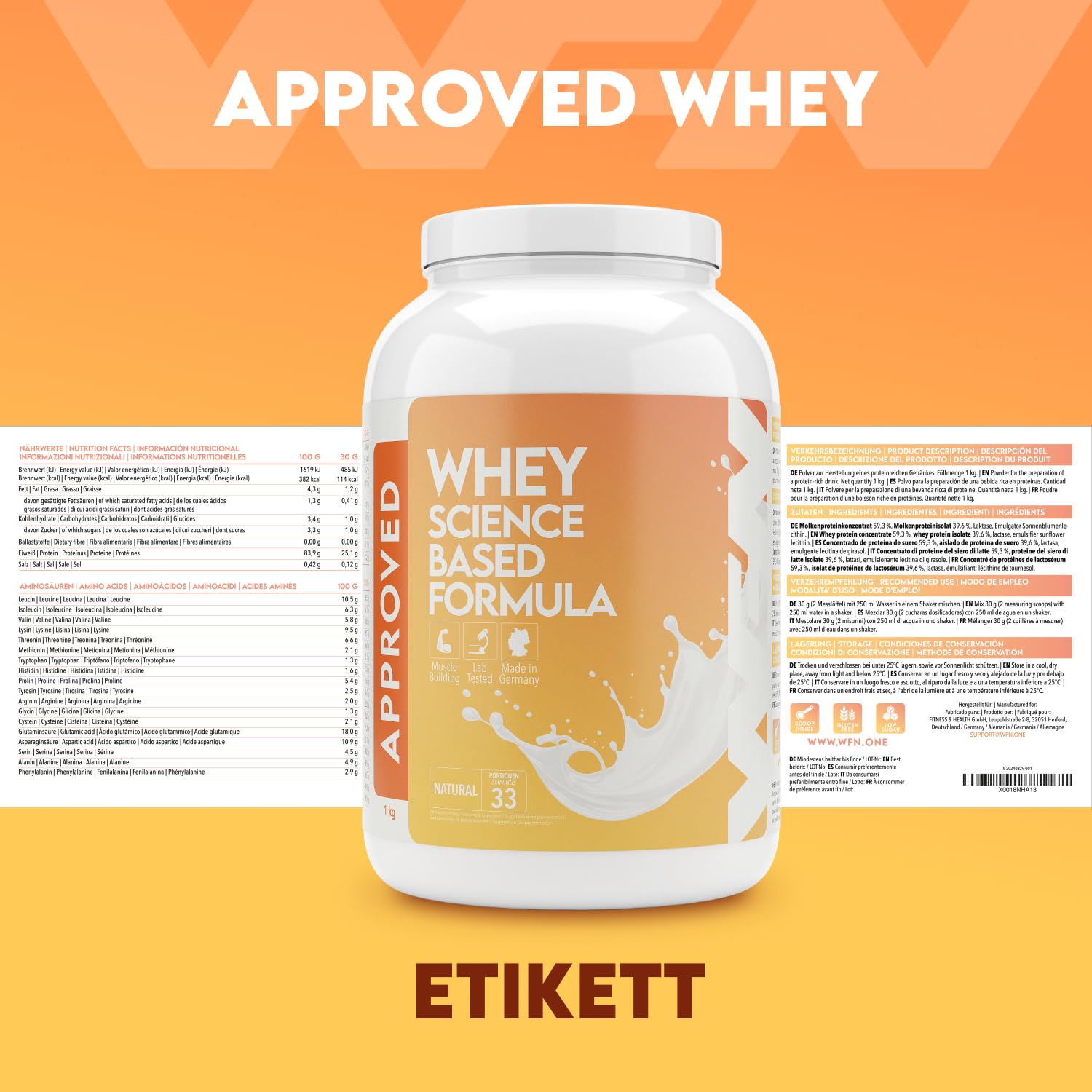 WFN Approved Whey Proteinpulver - Neutral- Ohne Süßungsmittel & Zuckerzusatz - 1 kg - Mit Laktase - Produziert & laborgeprüft in Deutschland