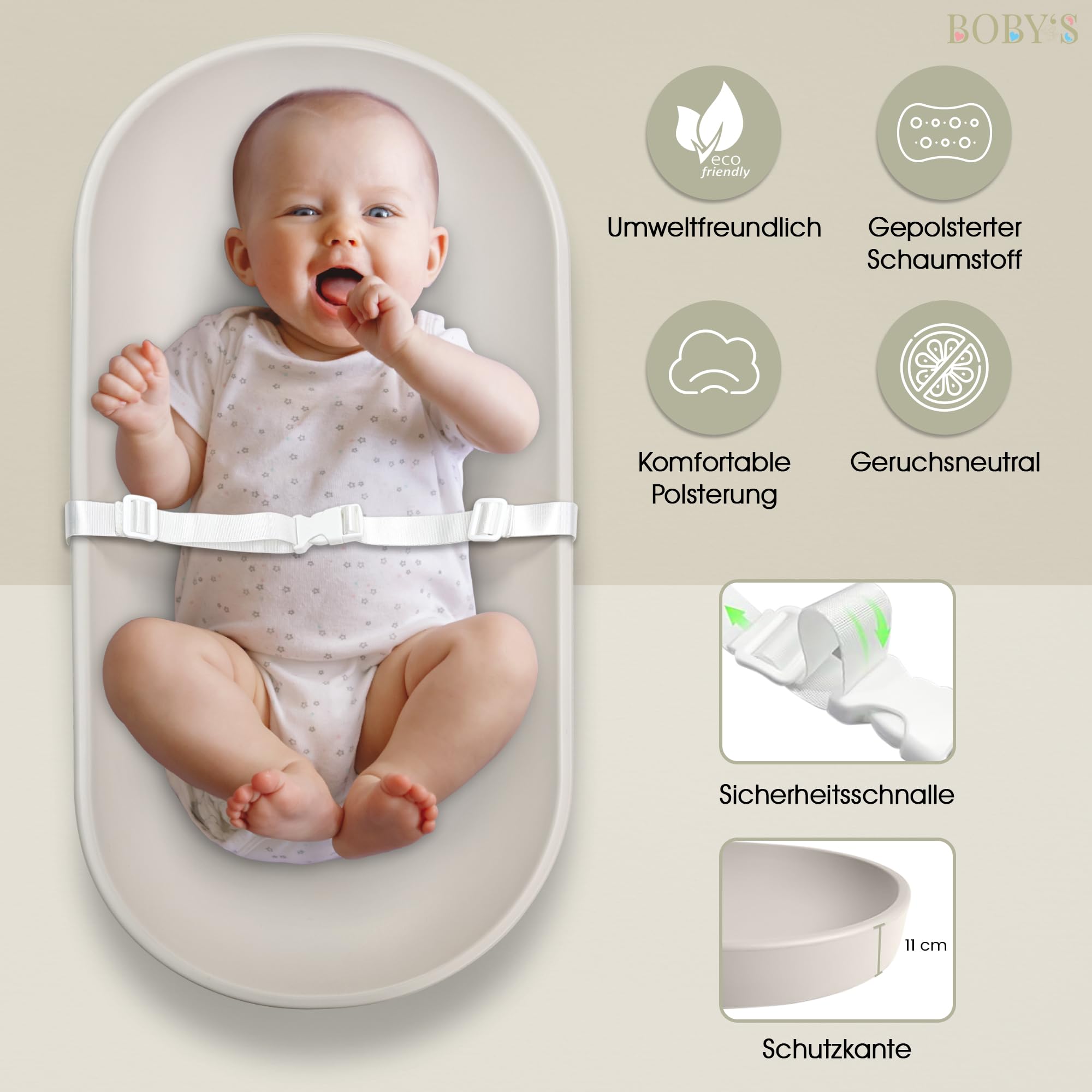 BOBY’S Wickelauflage Baby aus PU-Schaum mit Sicherheitsgurt – rutschfest & abwaschbar, Anti-Roll Design, für Wickeltisch & Kommode, hygienisch, ca. 72,5 × 35,8 cm