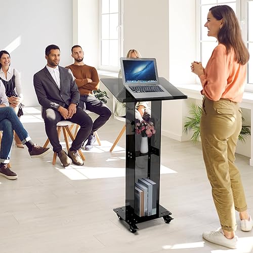 Miniatura 5 de Chitidr Soporte de podio de acrílico con ruedas con cerradura de 47 pulgadas, atril de podio transparente de pie, podio de habla, púlpito moderno de