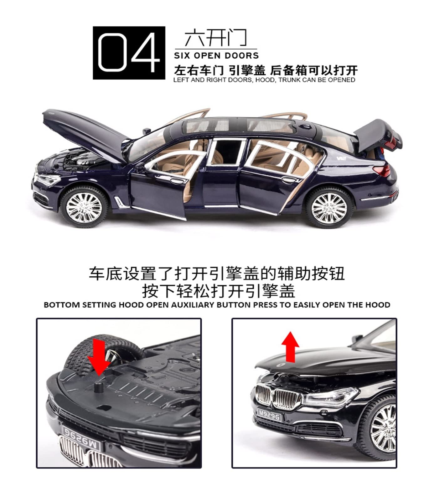Gotowy model samochodu w skali 1/24 Diecast Pojazdy Zabawkowe Dla BMW 760LI Model Samochodu Dźwięk Światła Kolekcja Model Samochodu Zabawki Prezent Miniaturowa replika samochodu(Black)