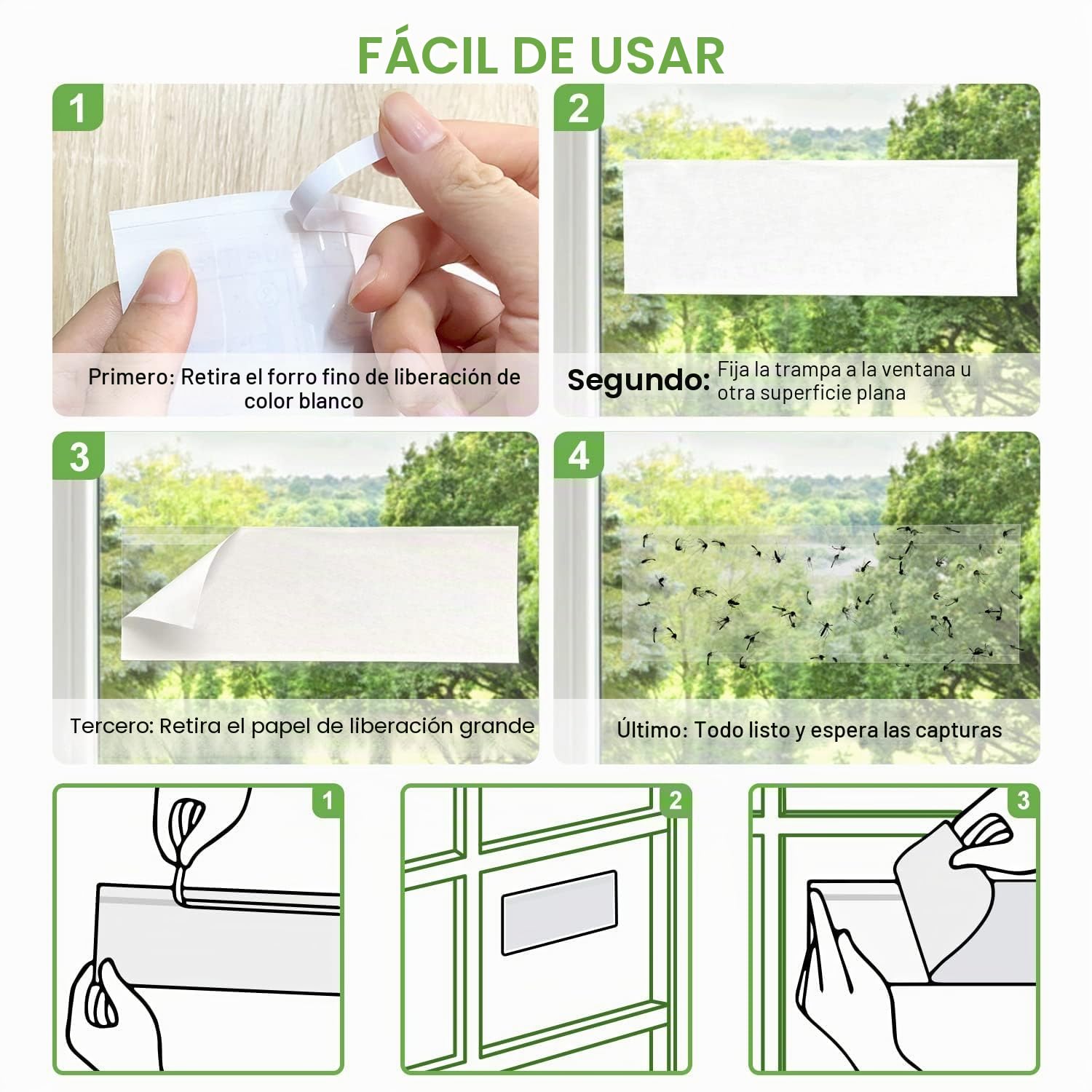 LFSYS Paquete de 100 trampas para moscas de ventana, trampas para moscas de fruta para interiores, tiras adhesivas de papel para moscas, trampas para moscas para interiores, atrapa insectos