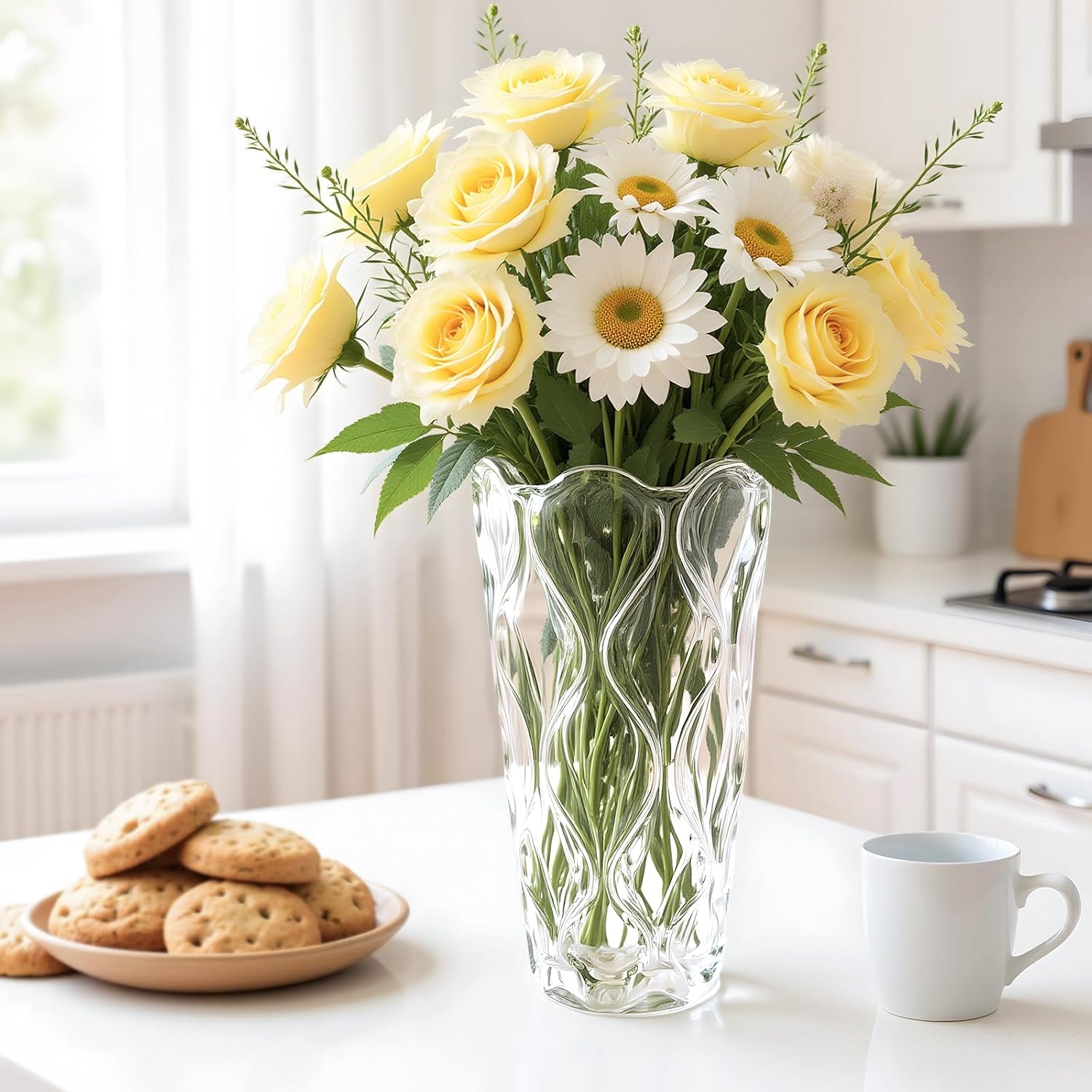 Heavy Transparent Glass Flower Vase for Dining Table Center, 9.5 Inch Tall Bohemian Thick Glass Vase for Flowers, Bouquet, Decorative Vases for Home Decor, Living Room, Office, Wedding