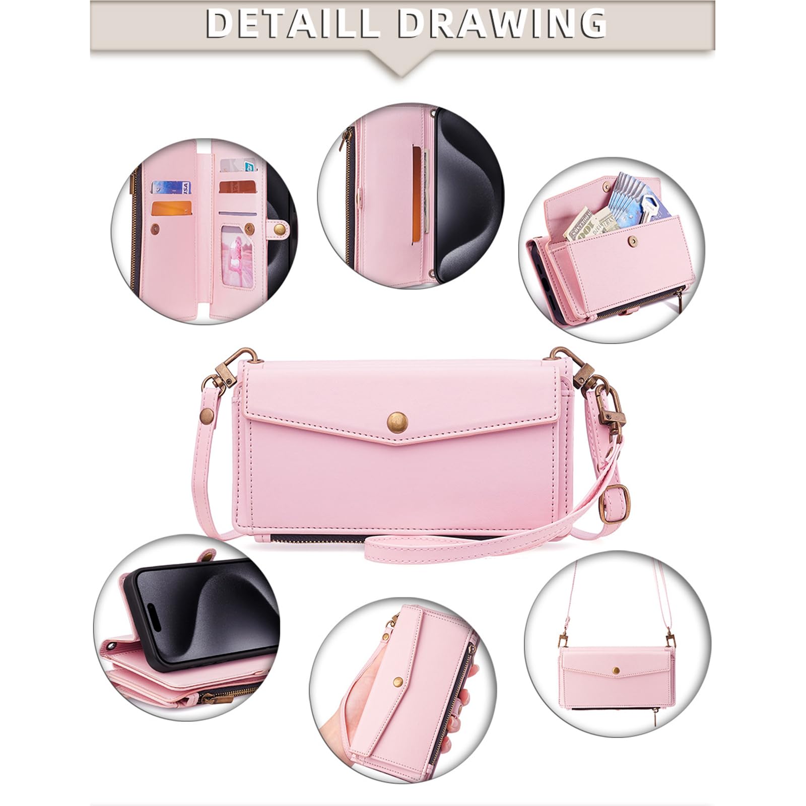 Różowe, 15, etui portfelowe do Xiaomi 15 Ultra/15 Pro/15, magnetyczne zapięcie, z klapką, skórzany pokrowiec ochronny z paskiem na ramię, stojakiem, etui na telefon komórkowy