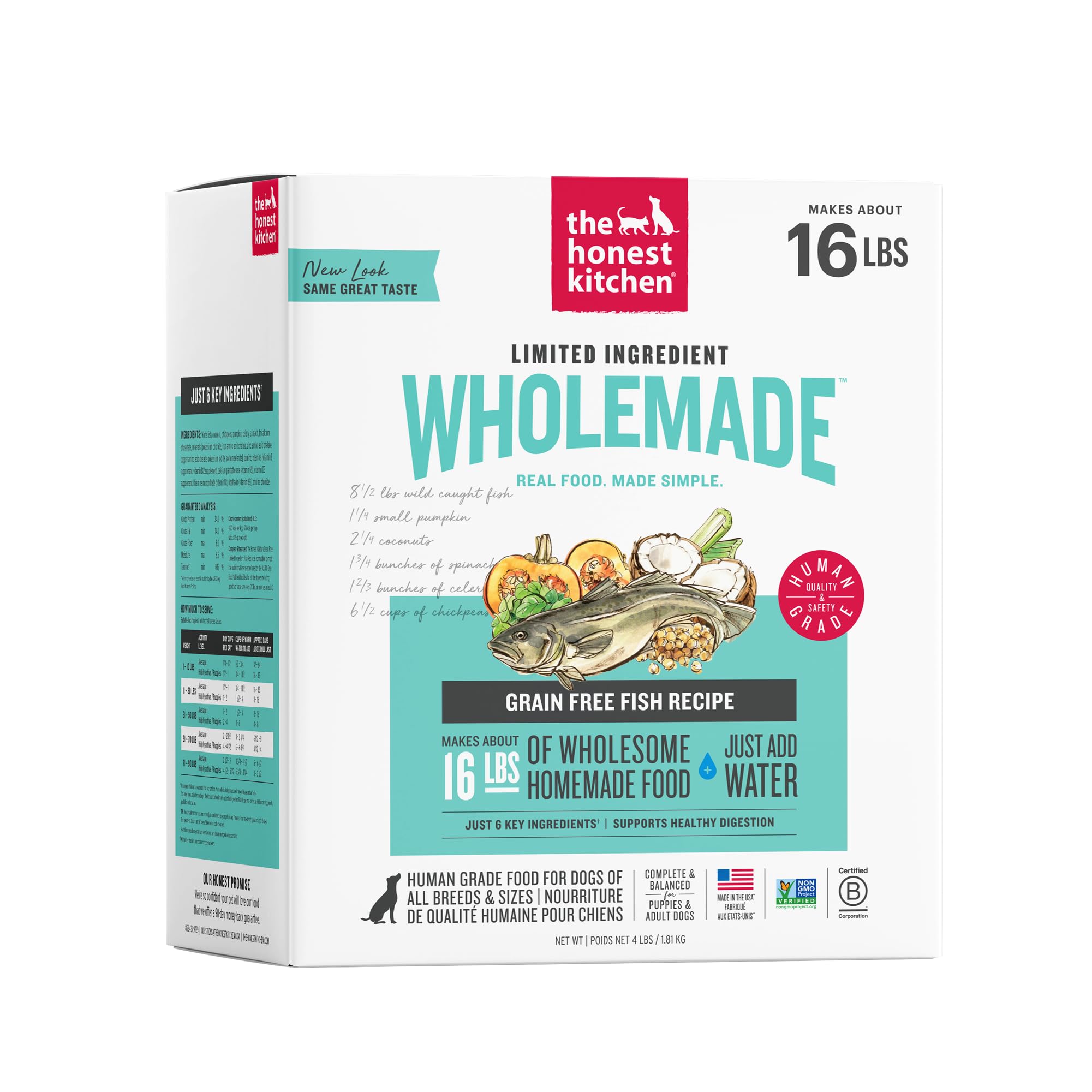 The Honest Kitchen Wholemade 6 Ingredient Grain Free Fish Recipe, Human Grade Dehydrated Dog Food, Allergy Friendly, Digestion Support, Topper for Dry or Wet Dog Food, 4 lb Box Makes 16 lbs