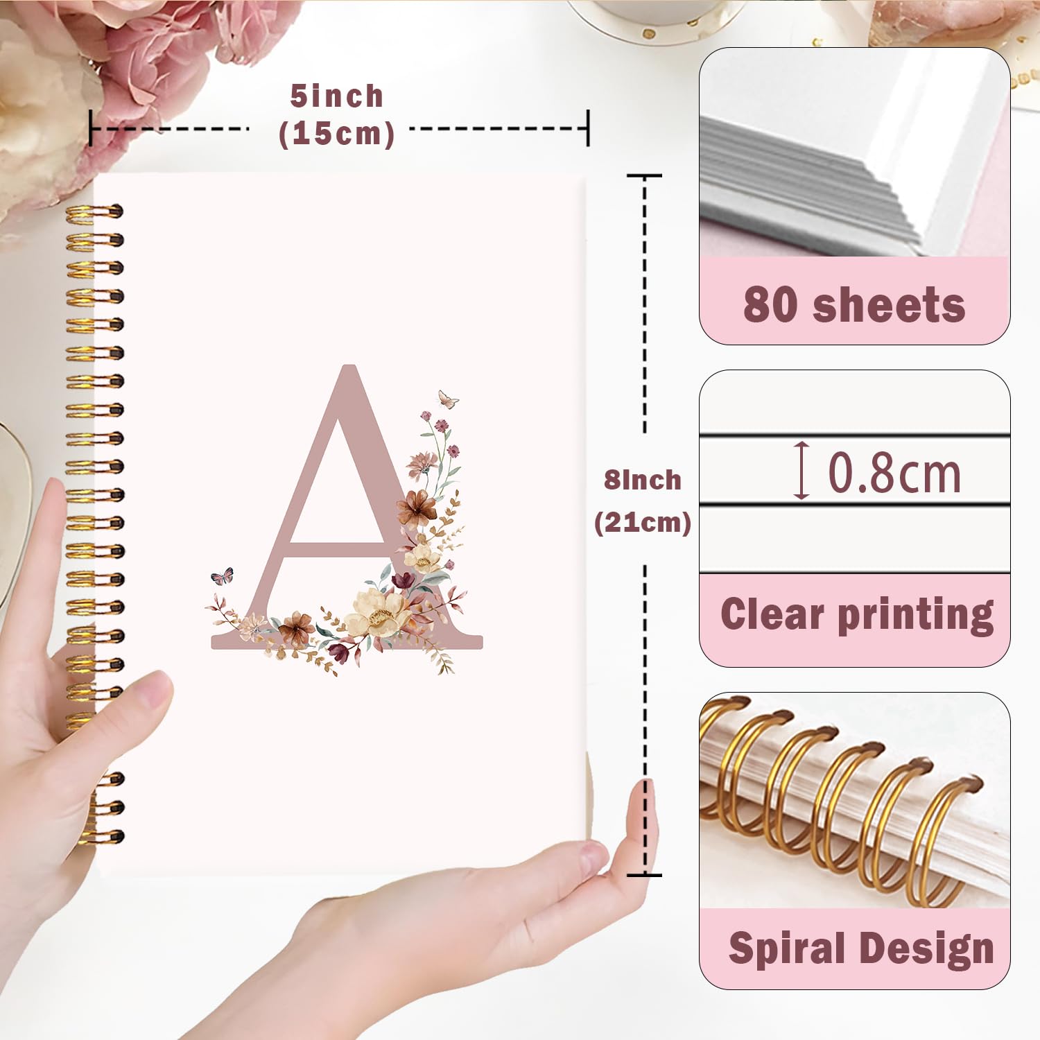 Lacama Diario con monogramma G rosa, taccuino a spirale personalizzato con fiore di campo estetico, regali con monogramma personalizzato, regali di compleanno per donne, materiale scolastico,