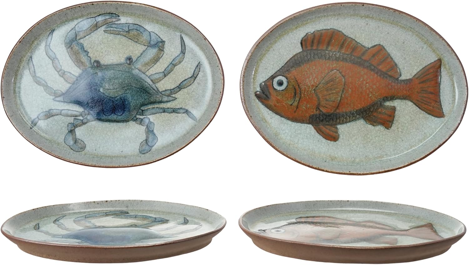 Creative Co-Op 4-Piece Stoneware Plate with Sea Life, Multicolor
