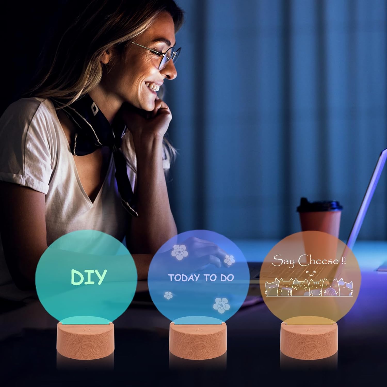 8 Pieces Clear Acrylic Sheets and 8 Pieces 3D Night LED Light Lamp Base with Remote Control and USB Cable, DIY Acrylic Lamp Base Set for Valentine Room Bar Decoration, Wood Color(Round)