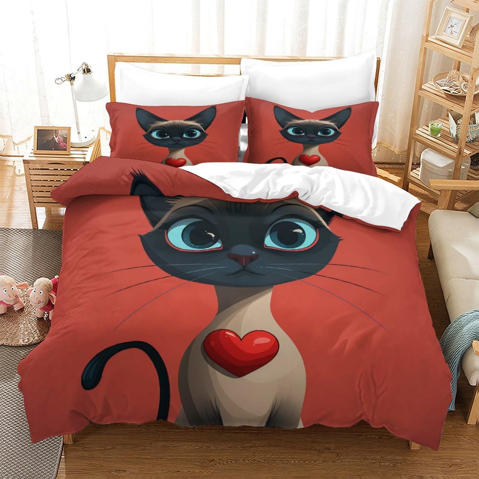 Parure de lit chat siamois hypoallergénique et infroissable pour un couchage simple 140x200
