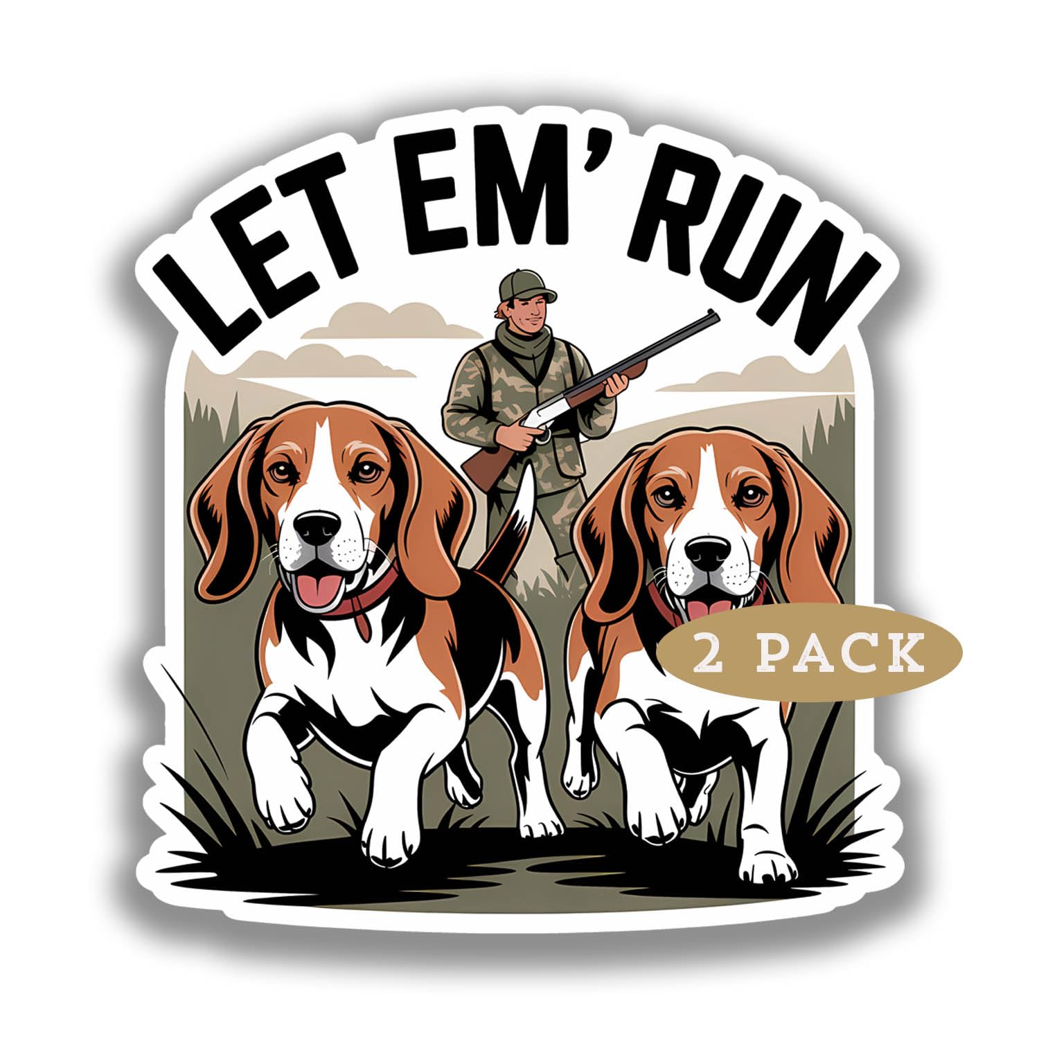 Rabbit Hunting Sticker Decals - let Em' Run Sticker for Rabbit Hunters. Great for Cars, Water Bottles and Coolers and More. Beagle Dogs in a Hunting Scene. (3.5
