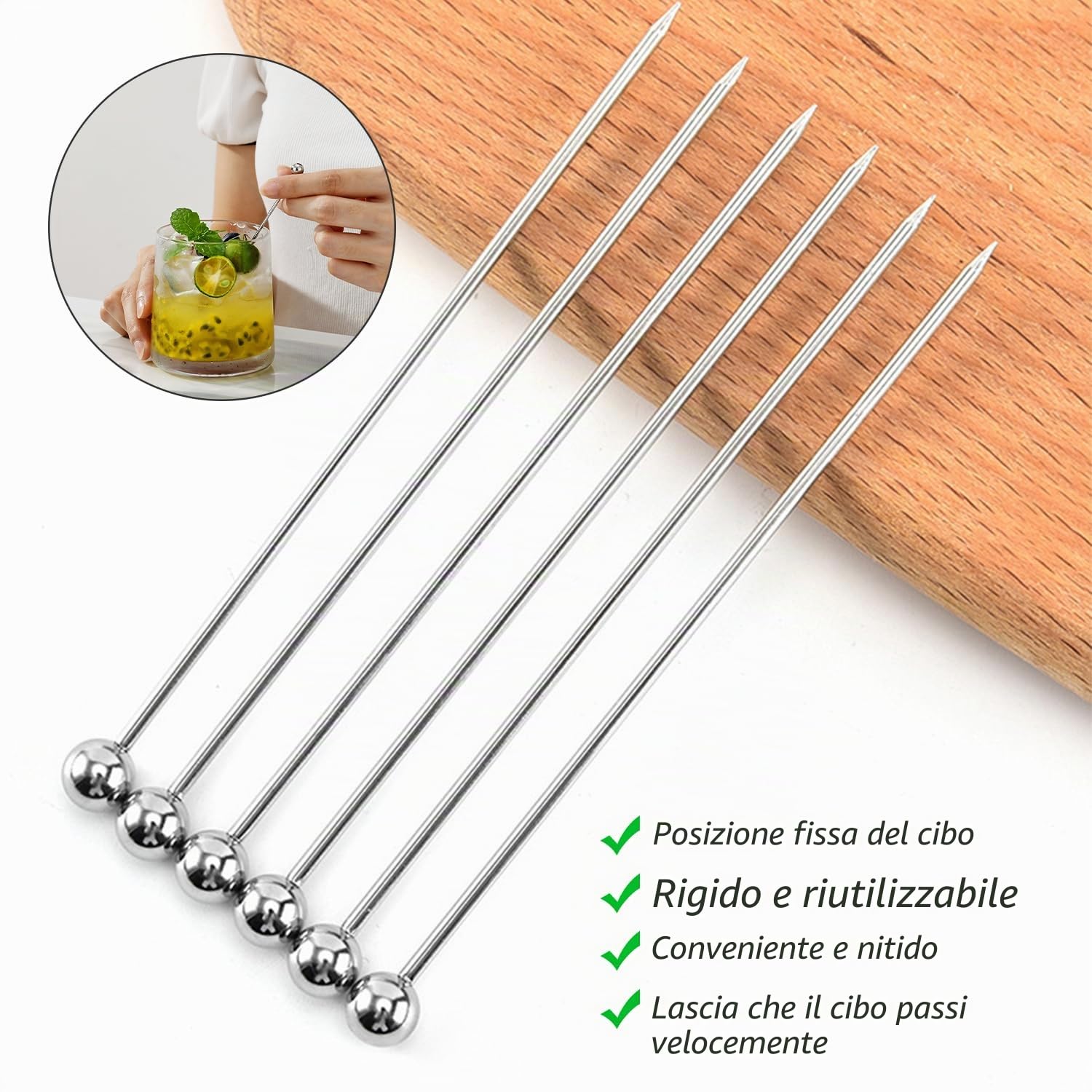 30 Pezzi Bastoncini da Cocktail, Stuzzicadenti da Cocktail in Acciaio Inox, Stuzzicadenti in Metallo Riutilizzabili Spiedini, per Cocktail, Barbecue, Snack, Decorazioni di Frutta e Frutta