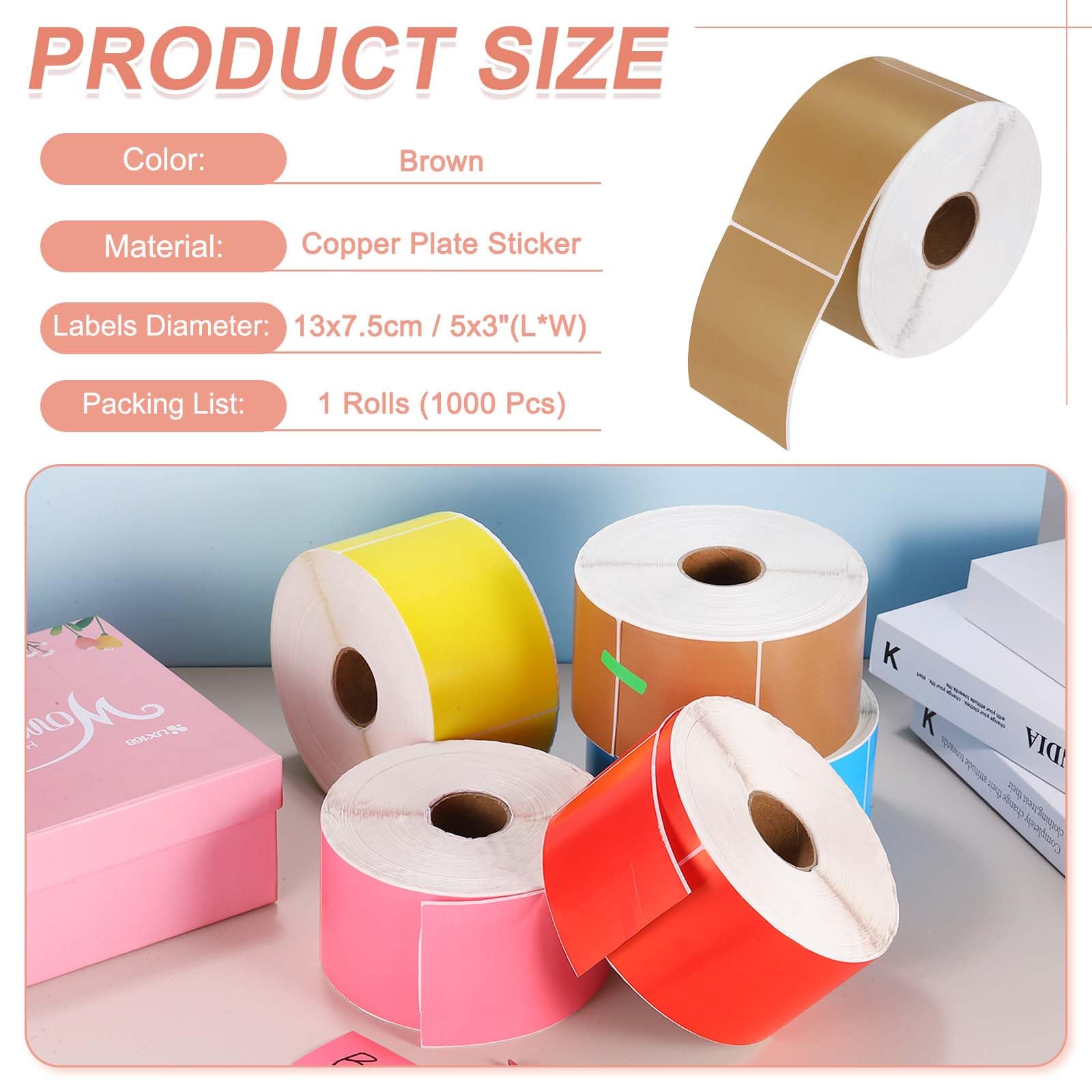 PATIKIL 1000 Pezzi Etichette Adesive Colorate Per Codifica, 5x3 Pollici Etichette Rettangolari Per Inventario Adesive Per Ufficio Gestione Inventario, Marrone