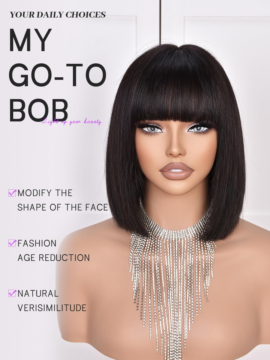 CoCrowns Bob Wig Human Hair 210% Density Bob Wig with Bangs 100% Human Hair Wigs for Black Women Pre-Bleached Glueless Straight Bob Wigs (Black) - Image 3