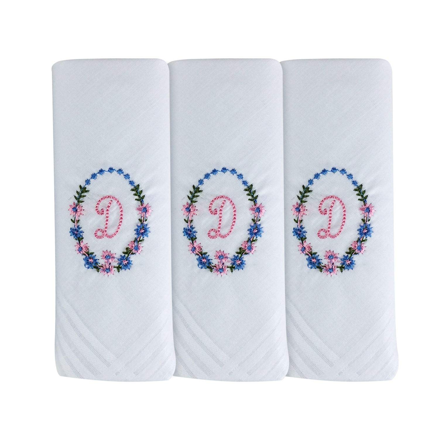 Surf the Shop 3 Pack Of Womens/Ladies Embroidered Initial Handkerchiefs With White Satin Border Various Initials (D)