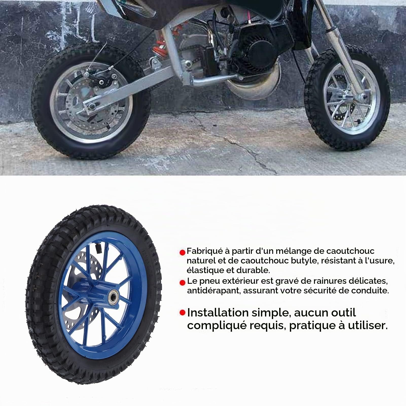 Qiilu Ensemble de Roue Avant de Vélo de Poche 12,5 X 2,75 Pouces pour 47 49 2 Temps Mini Dirt Bike en Caoutchouc Roue Avant Pneu Frein à Disque Pignon Boulons Assemblage (C (Bleu))