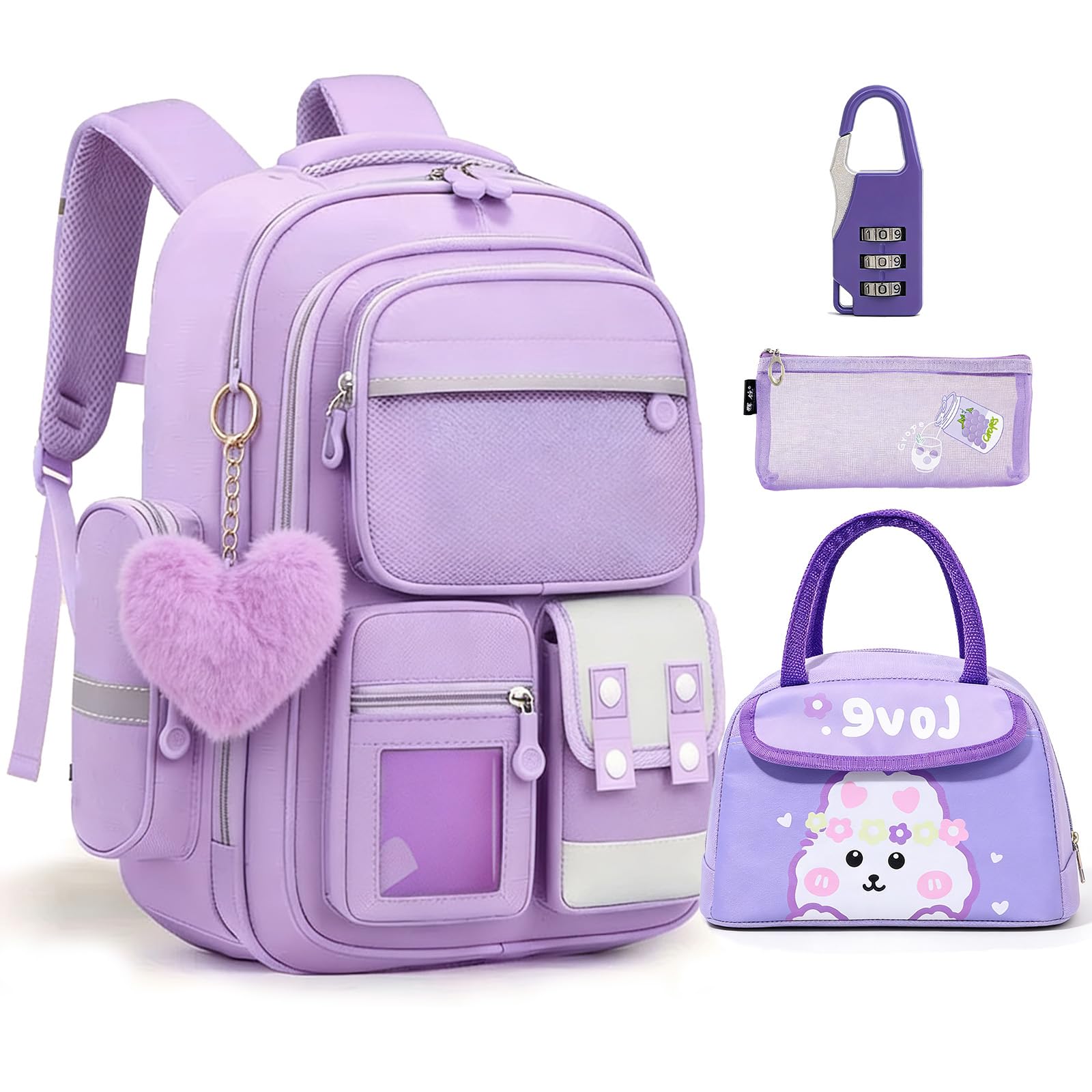 Lightweight School Backpack Purple Bookbag Elementary Middle School Kindergarten Waterproof Mochila Para Niñas Set With Lunch Box And Pencil Pouch