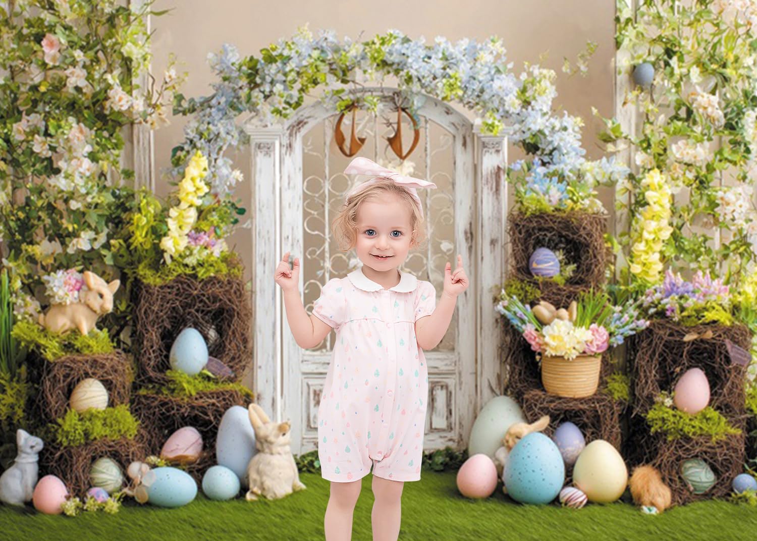 6 x 3 m tło drzwi wielkanocnych w stylu vintage, pastelowy łuk kwiatowy, białe drzwi, tło fotograficzne, wystawy gniazda i rekwizyty zajączków, rustykalne studio fotograficzne, rekwizyty