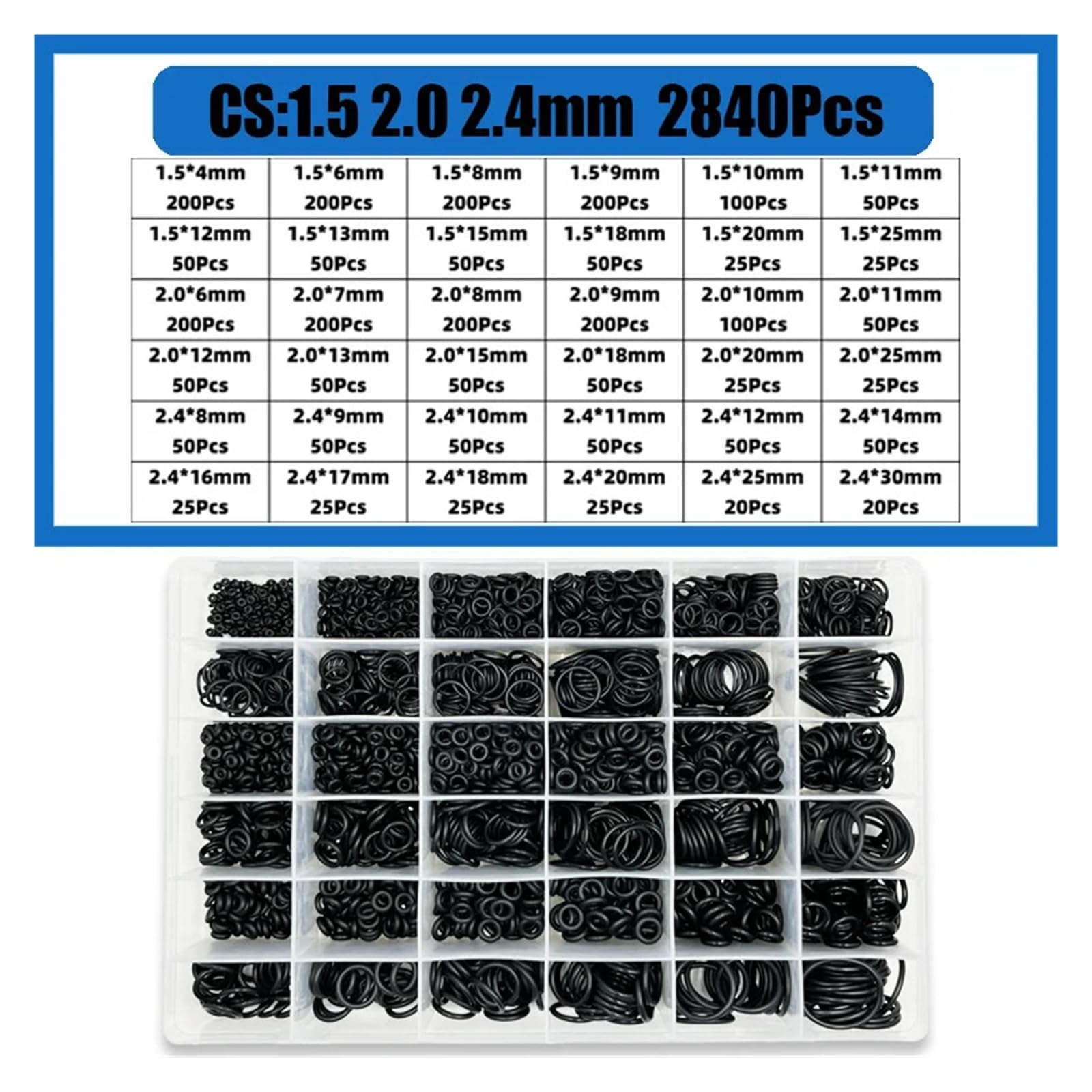 Juego de anillos de goma con junta tipo O CS1.0-3.1mm(2840pcs)