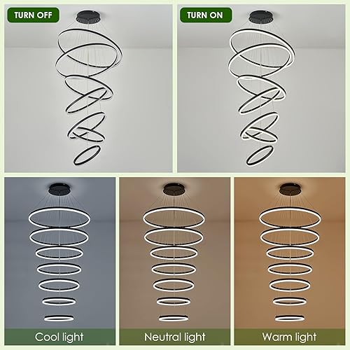 Miniatura 2 de Candelabros grandes para techos altos, lámparas de vestíbulo de 31.5 pulgadas, lámpara de techo alto, moderna lámpara de 7 anillos LED negro para