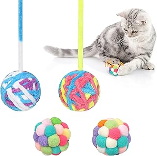 WONOWPA Cat Toy Balls with Bell, Colorful Soft Cat Fuzzy Balls, Interactive Cat Toys for Indoor Cats and Kittens (2 Pcs Bell Balls & 2 Pcs Fuzzy Balls)