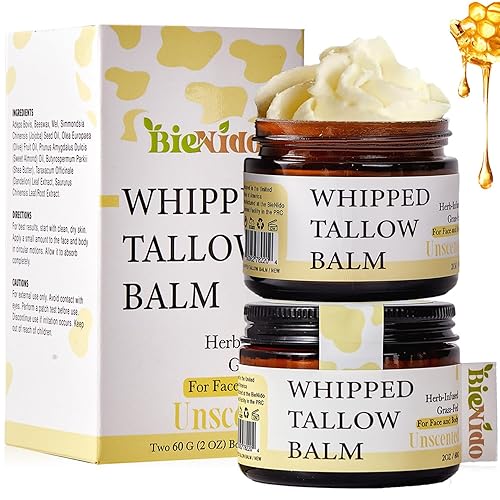 Tallow and Honey Balm para cara, Sarga de carne alimentada con hierba con miel cruda y aceite de jojobal para piel sensible y seca (2 onzas (paquete