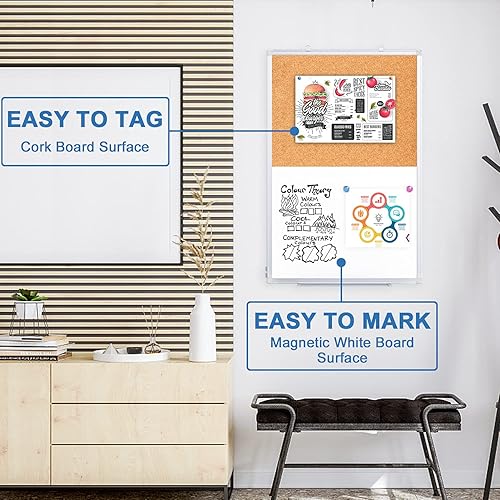 Vista 6 de Combo de pizarra blanca magnética y tablero de corcho, 36 x 24 pulgadas, tablero de mensajes de borrado en seco montado en la pared para el hogar