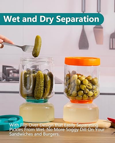 Miniatura 2 de ZENS Tarro de pepinillos con colador abatible, paquete de 2 recipientes de pepinillos de 51 onzas, separador de jugo de pepinillo, tarro de reloj de
