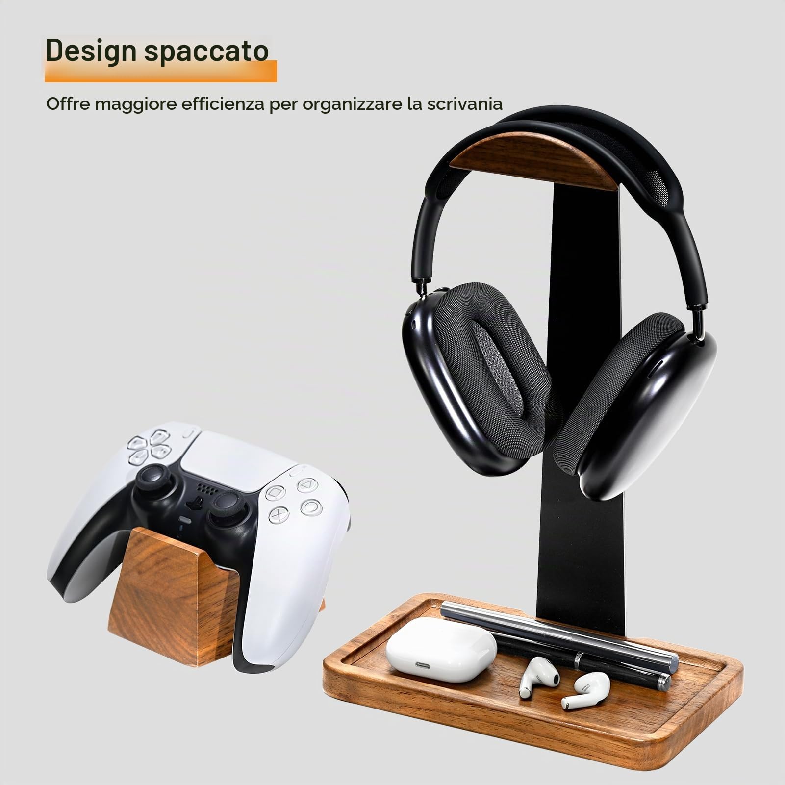 Supporto per cuffie e controller in legno di noce, supporto per cuffie in legno, organizer da scrivania, accessori da scrivania universali compatibili con PS5, PS4, Xbox One, Nintendo Switch