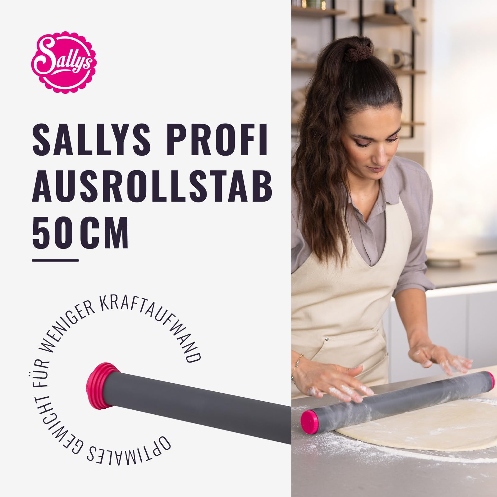 Sallys Profi Ausrollstab - 50 cm - Antihaft-Silikon & Edelstahlkern - Teigroller mit Abnehmbaren Abstandsringen - Nudelholz zum Backen