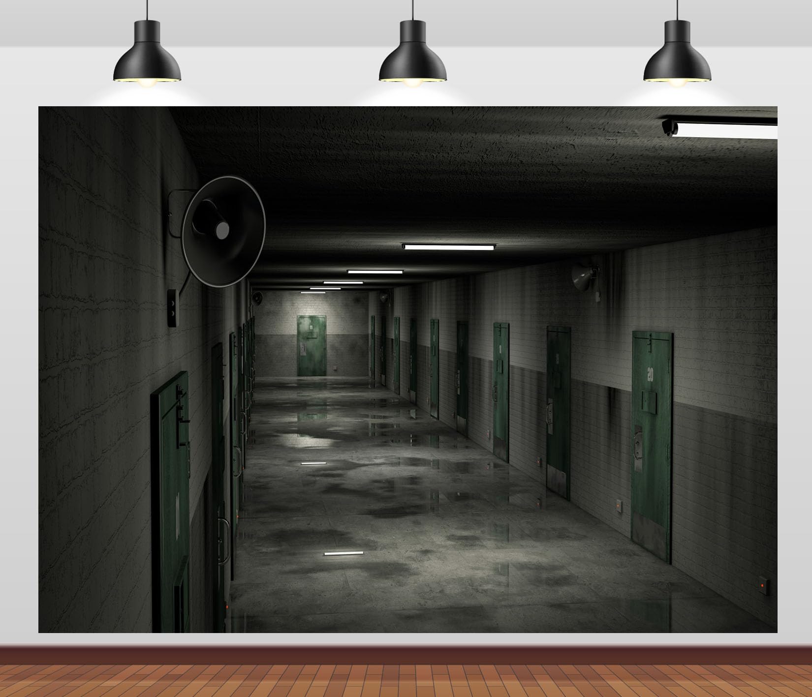 12x10FT (3.6x3m) Corridoio Scuro Con Porte Verdi Sfondo Fotografico