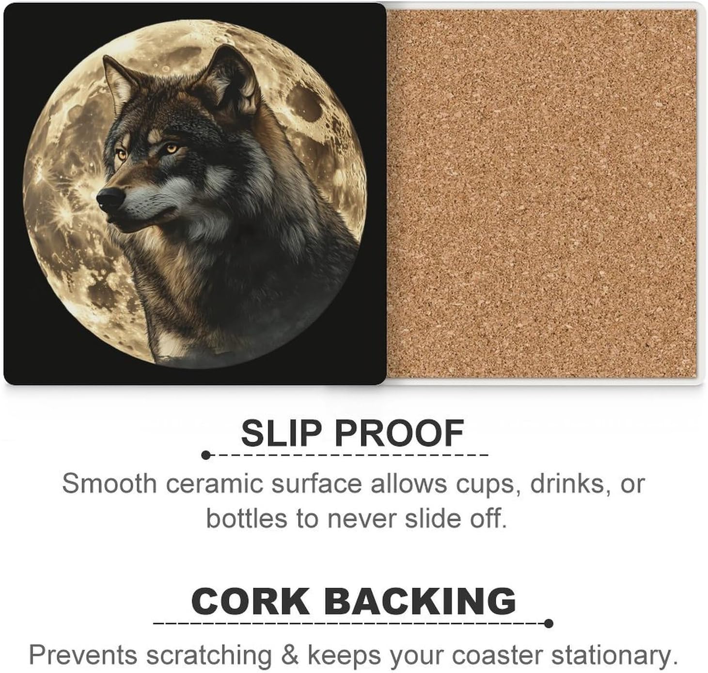 Wolf and Moon Funny Ceramic Coasters for Drinks Absorbent Cup Holder Tabletop Protector with Cork Base