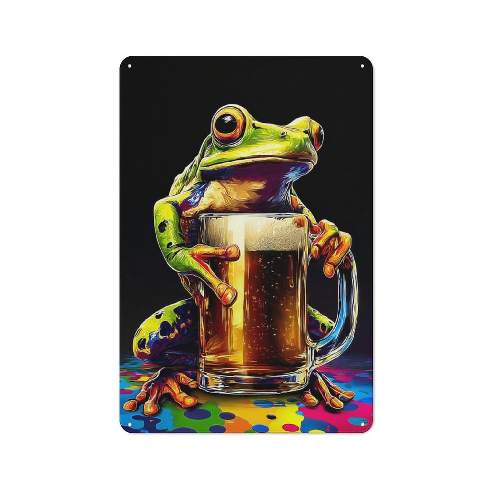 Shop Front Style Frog with Beer Mug-1 Decorative Metal Plaque 30x20cm, Shop Wall Decor for Cafe, Bistro, Bakery Or Restaurant