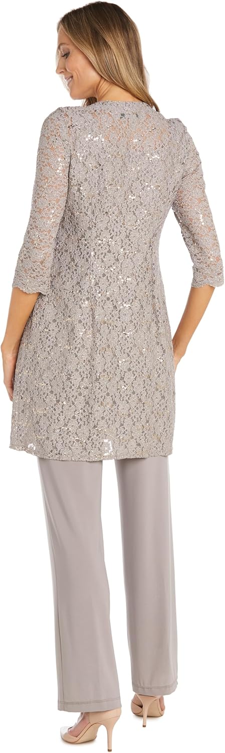R&M Richards Women's Elegant 3-Piece Pant Set W/ ¾ Sleeves Scalloped Edge Sequin Lace Jacket & Matching Tank - Image 5