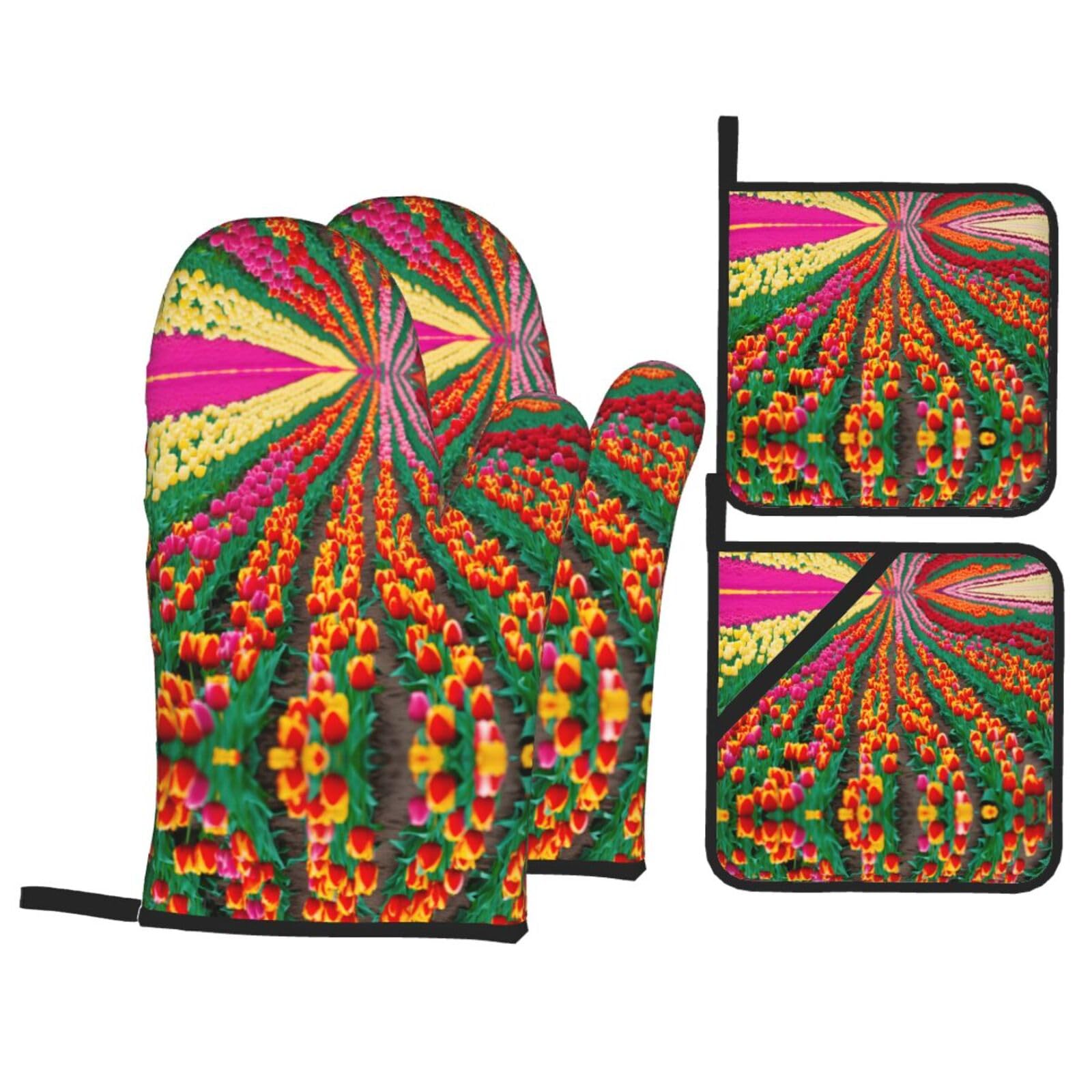 Colorful Tulips Print Oven Microwaving Waterproof Kitchen Gloves for Baking Grilling Holiday Cooking