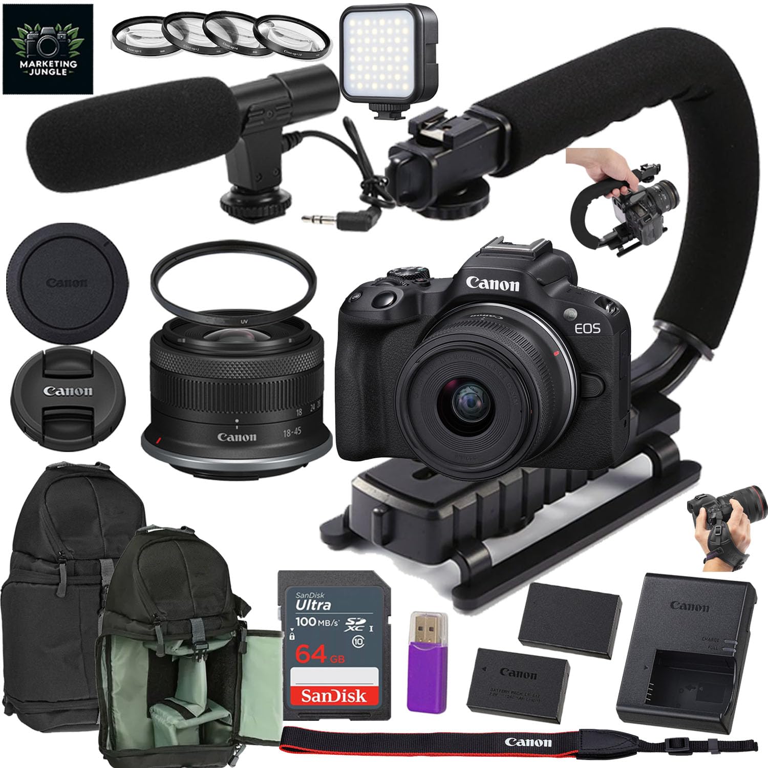 Canon EOS R50 Mirrorless Camera w/Canon RF-S 18-45mm f/4.5-6.3 is STM Lens + Camera Sling Backpack + Extra Battery + 64GB Memory + More (18pc Bundle) (Renewed)