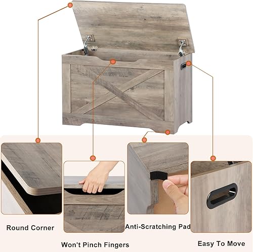 Vista 5 de Baúl de almacenamiento, banco de almacenamiento de madera, banco de zapatos de entrada con 2 bisagras de seguridad, baúl de almacenamiento retro Gris