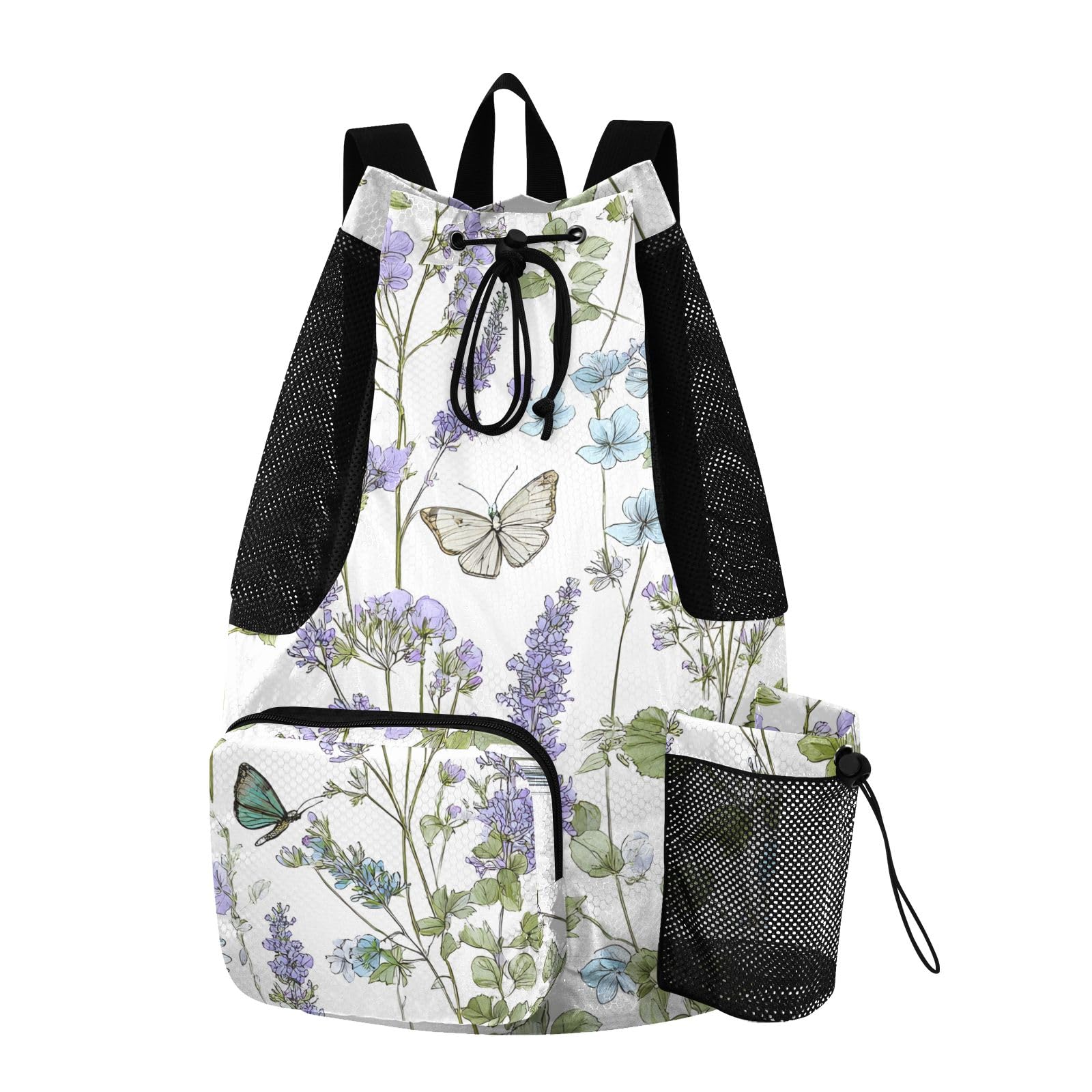 OWFKAY Sage Flowers Beach Drawstring Backpack Mesh Swimming Bag for Women Swimming Gym with Wet Pocket Packable Sports
