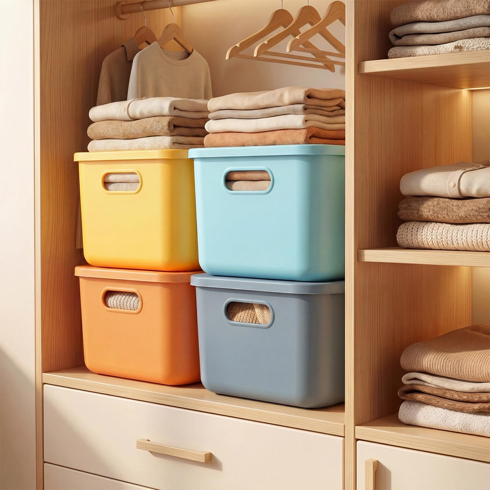 4Stk 15.5L Bunt Kunststoff Aufbewahrungsbox mit Deckel, 36.5x27.5x15.5cm Stapelbare Aufbewahrungsbehälter in 4 Farben, Kunststoffbox Organizer Box für Regale, Küche, Badezimmer, Büro