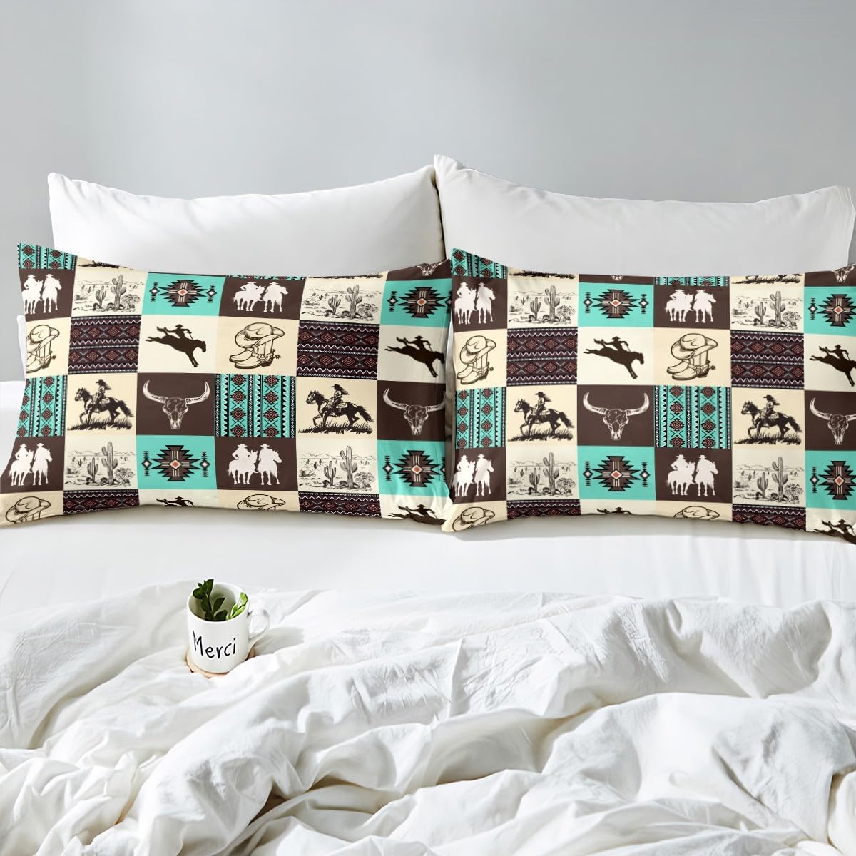 Western Cowboy Fitted Sheet Twin Size,Cow Skull Desert Cactus Bedding Set,Rustic Aztec Tribal Striped Bed Sheets,Kids Teens Adult Room Decor,Brown Turquoise Geometric Plaid Deep Pocket Sheet 2Pcs