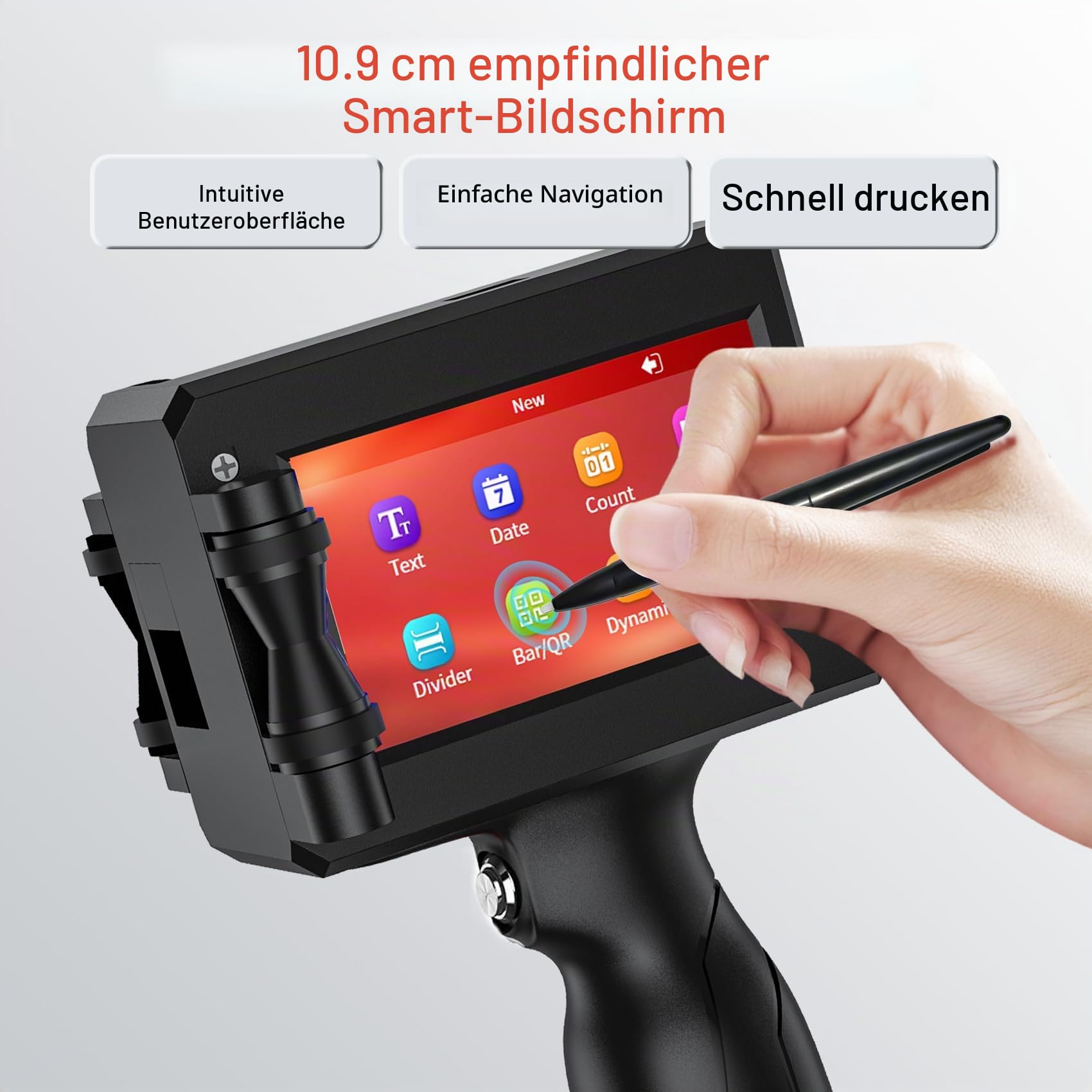 TIJ2510 Tragbarer Handdrucker mit Schnell Trocknender Tintenpatron Hand Tintenstrahldrucker 4,3 Zoll Touchscreen für Text QRCode/Barcode/Chargennummer/Datum/Bild