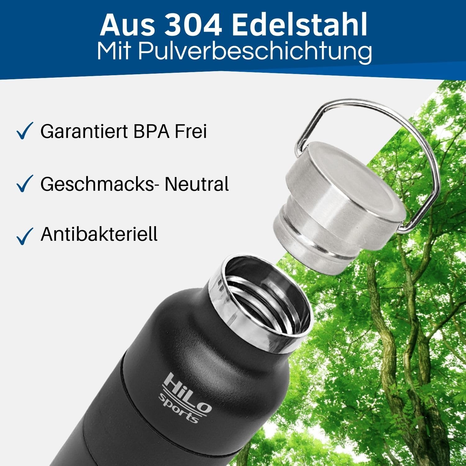 HiLo sports 600 ml Fahrradflasche Edelstahl Isoliert - Für Kunststoff Flaschenhalter - [Pulver Beschichtetes Edelstahl] - Fahrrad Trinkflasche mit 2 Verschlüssen - Thermo Radflasche