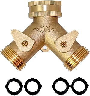 2 Way Heavy Duty Brass Garden Hose Connector Tap Splitter for Lawn and Garden - Outlet Splitter, Hose Splitter, Hose Spigot Adapter with 2 Valves, Plus 4 Extra Rubber Washers