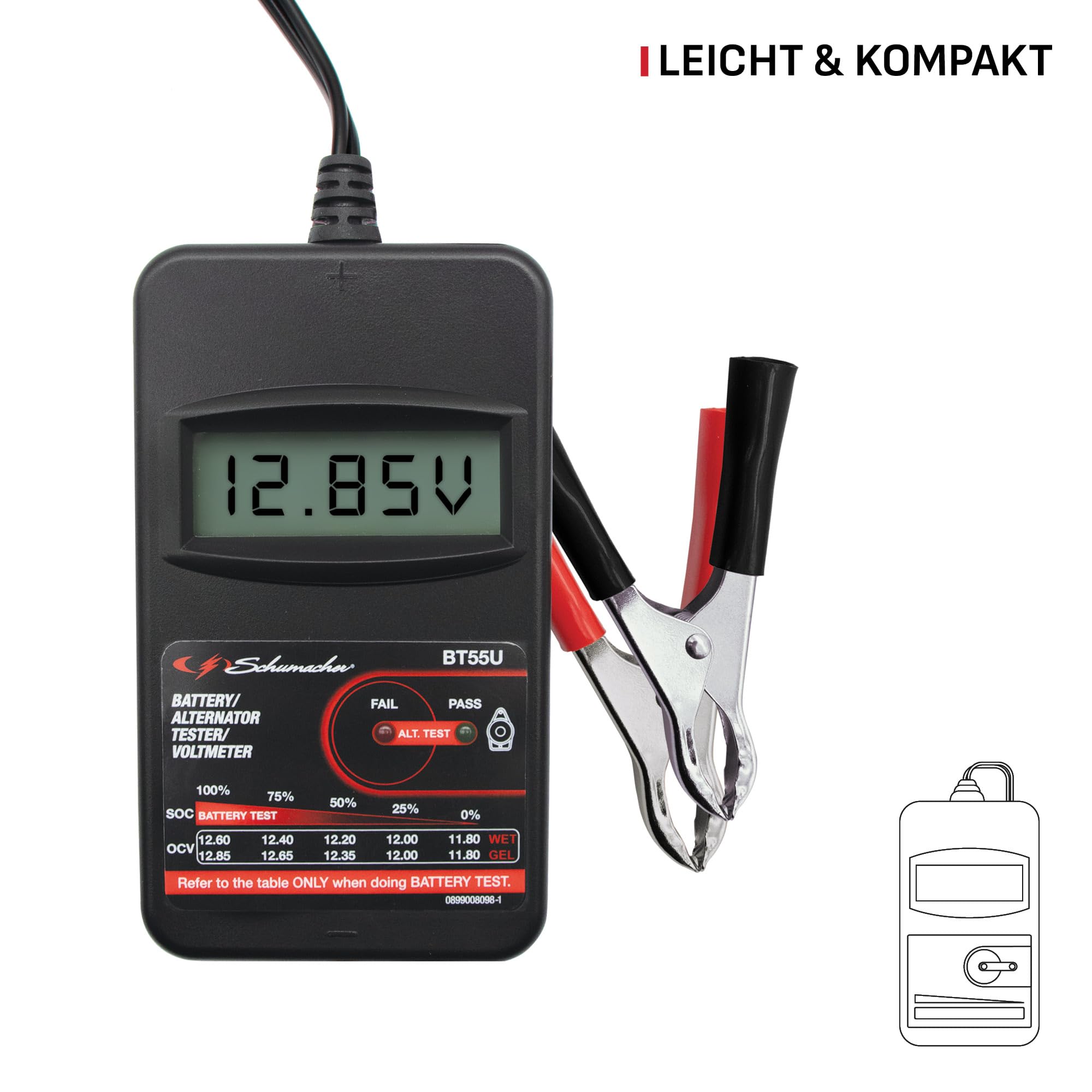 Schumacher Auto Batterietester Compact BT55 - Überprüfung der Lichtmaschinenspannung im Auto - Kompatibel mit 6V/12V/24V Batterien Typ SLI, VRLA, AGM, Gel und 12V Lichtmaschinen - LCD Display | Überprüfung der Lichtmaschinenspannung, Kompatibel mit 6V/12V